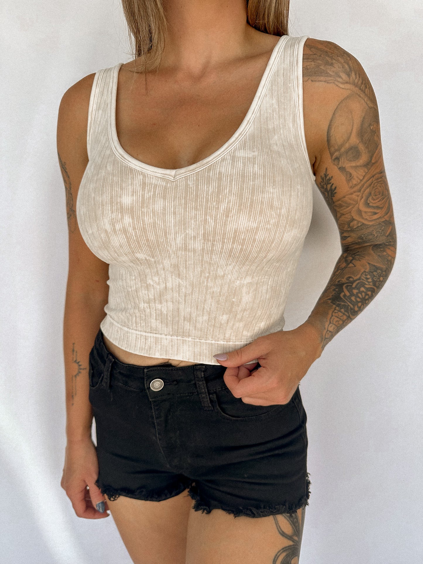 2 Way Ribbed Tank Top - Sand Beige